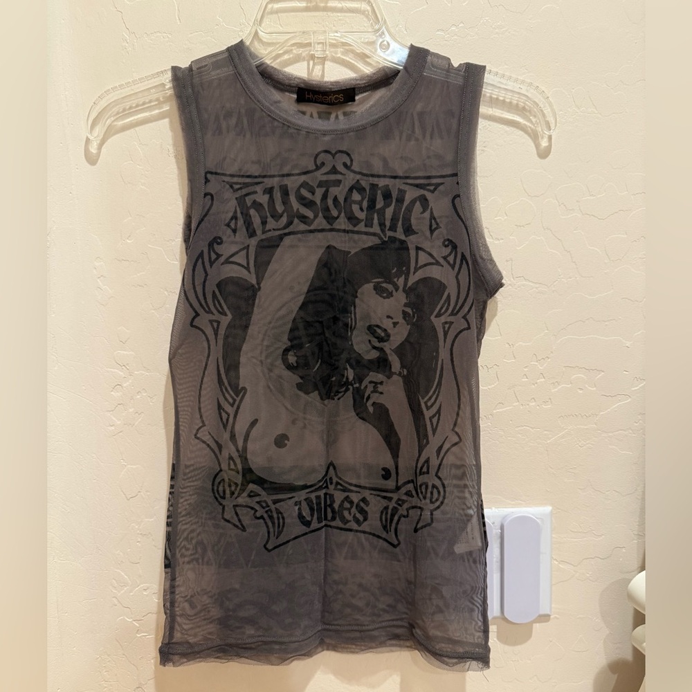 EXTREMELY RARE COLLECTOR Hysteric Glamour grey mesh tank boobs tribal pentagram